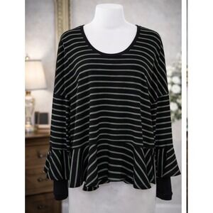 We The Free Pullover Too Black Green Stripe Round About Peplum Hem Layer Medium